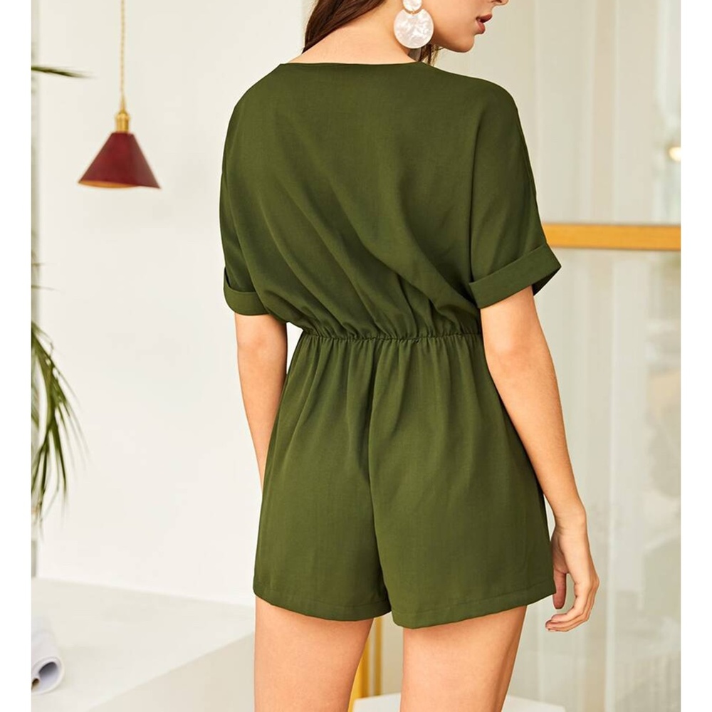 Military Green Short Sleeve Button Down Romper - Picture 2 of 6